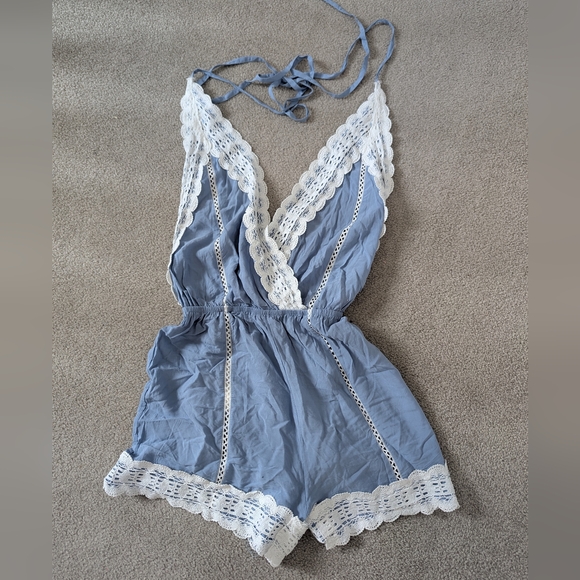 Zaful Pants - Zaful Blue Halter Lace-Trim Romper